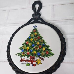 Vintage Porcelain Green Christmas Tree Iron Trivet Holiday Decor